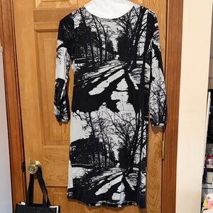 Monochrome Long Sleeve Dress with Scenic Print